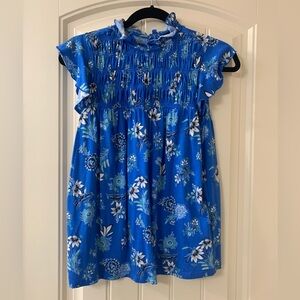 Ann Taylor Factory Blue/Light Green Floral Smocked Blouse w/ Flutter Sleeves